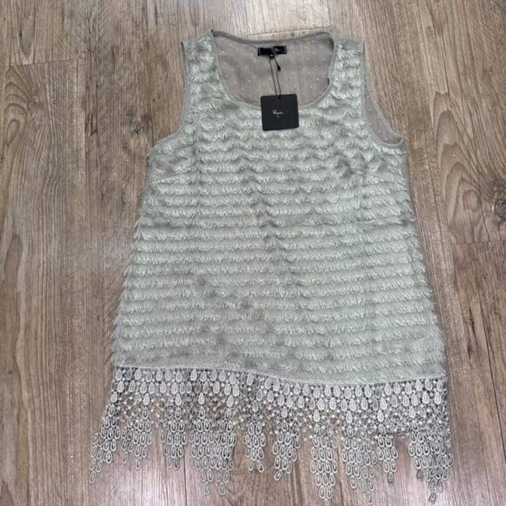 Ryu NWT Mint Green Fringe Boho Tank Top Macrame Lace Asymmetric Hem Sz